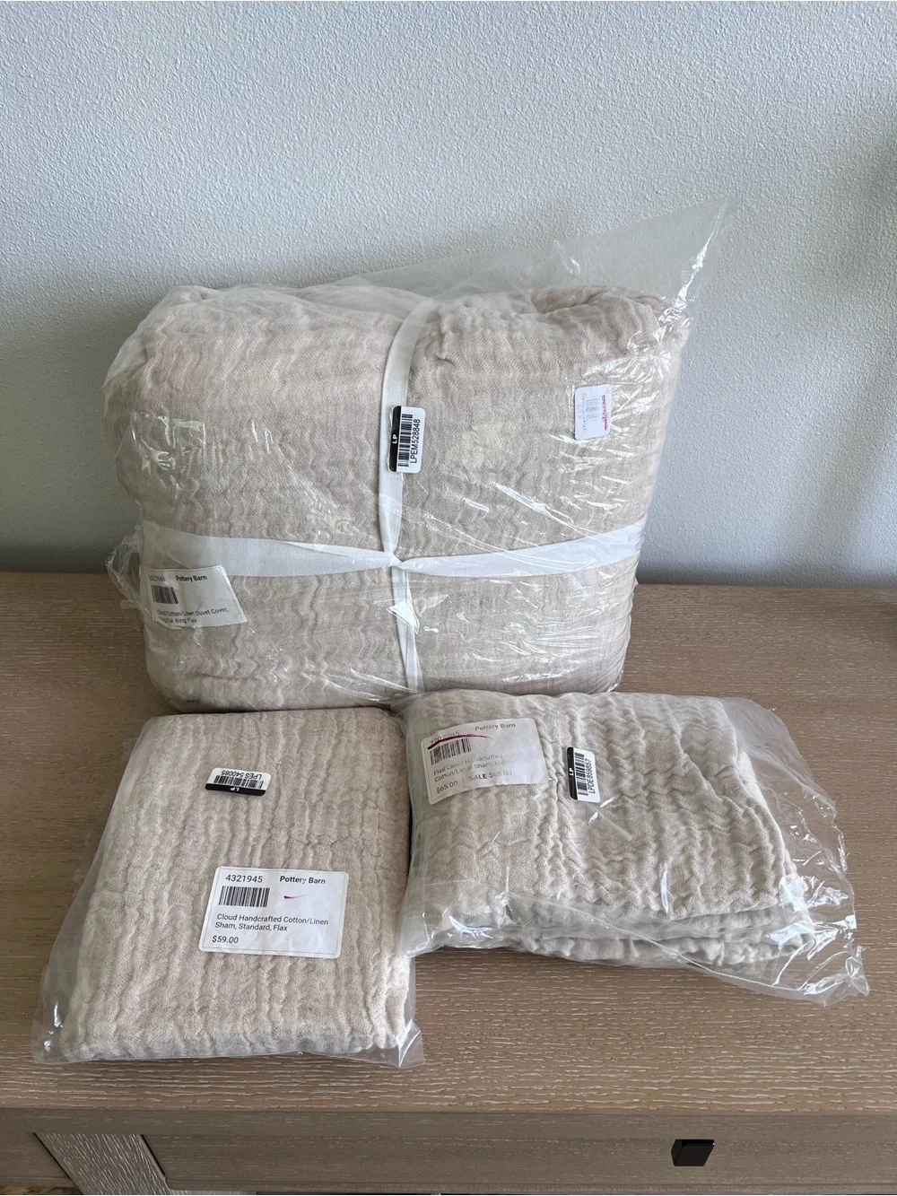 Pottery Barn New Cloud Handcrafted Cotton-Linen Duvet 3 pc Set color Flax